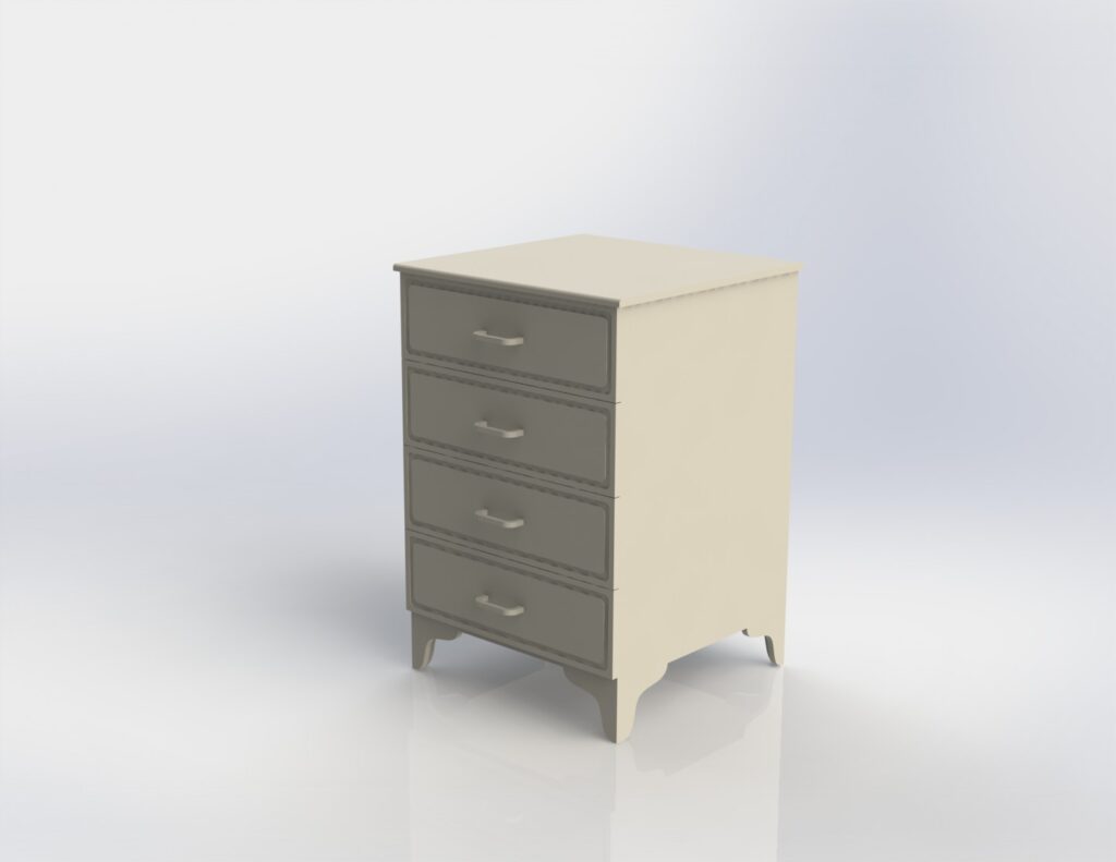 Small four-drawer bedroom chest shown as a plain three-dimensional model