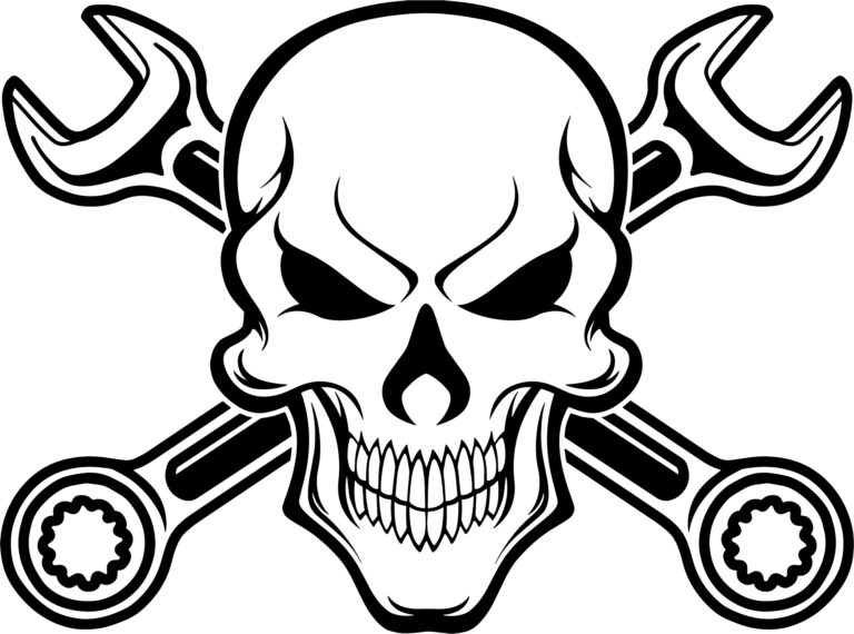 A large skull sits in front of two crossed combination wrenches.