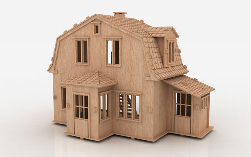 A compact wooden dollhouse combines a steep roof, dormer windows and projecting entrance sections.
