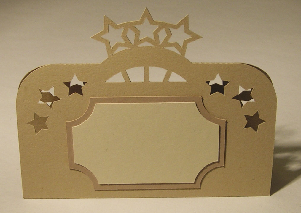Tent place card with framed name area stars and crown motif