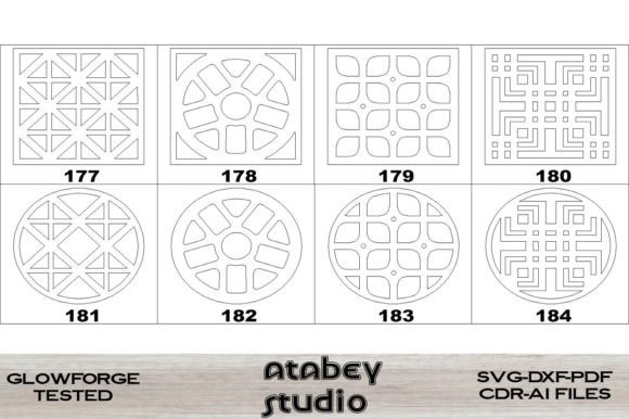Reference sheet of eight square and round coasters with geometric openwork patterns