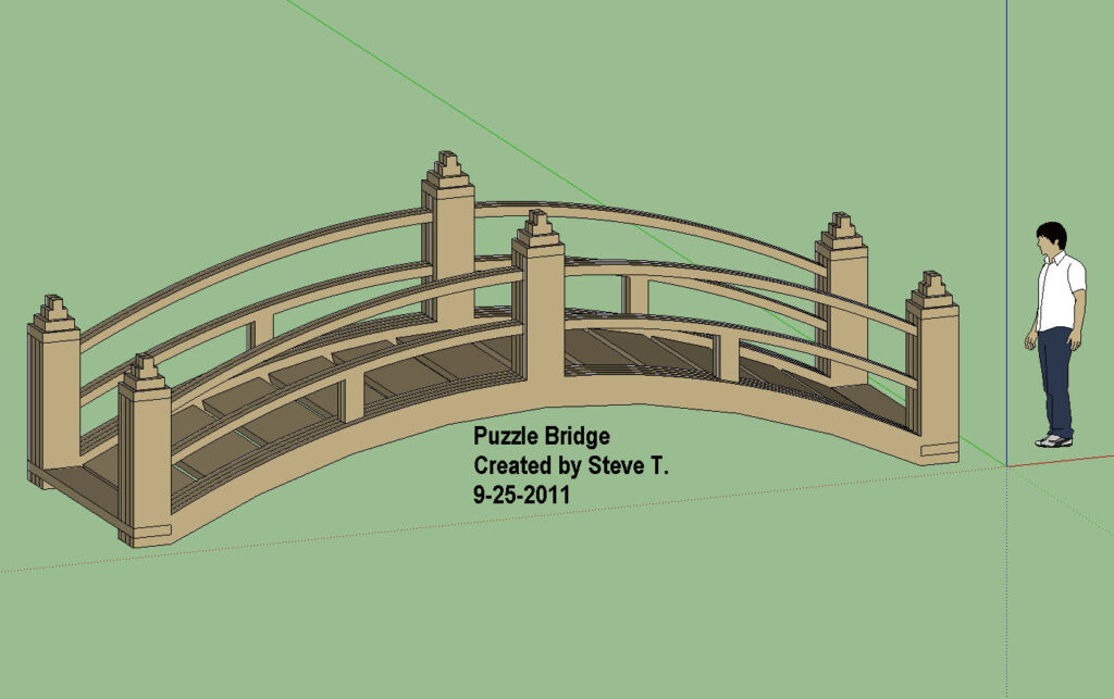 Illustrated arched garden bridge assembled as a slotted three-dimensional puzzle
