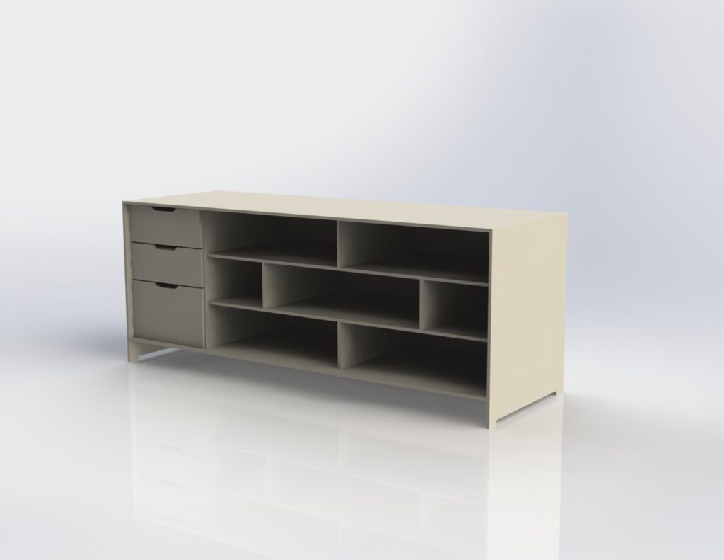Modern low media console with drawers shelves and open compartments