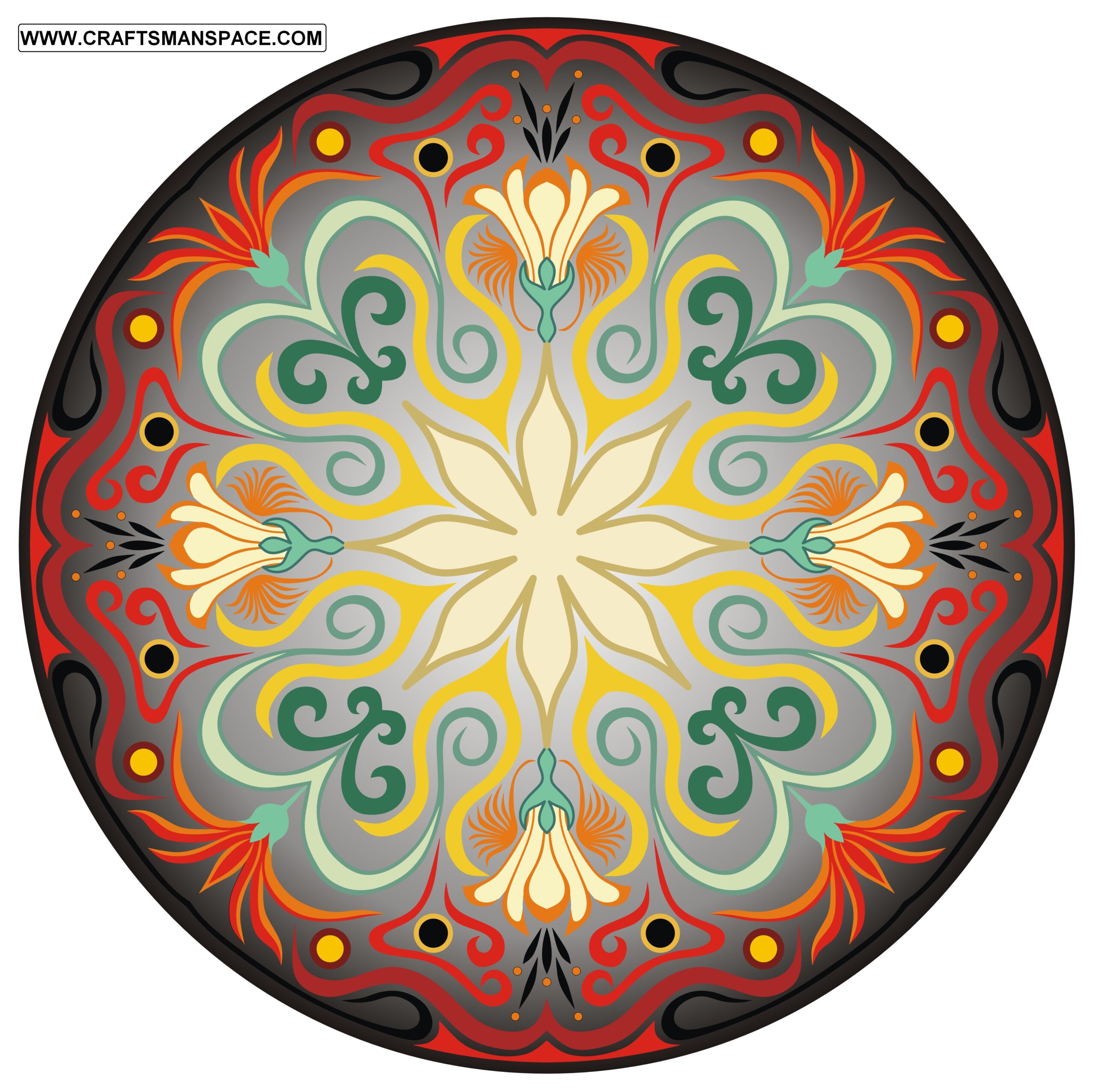 Circular floral ornament with symmetrical red green and orange details