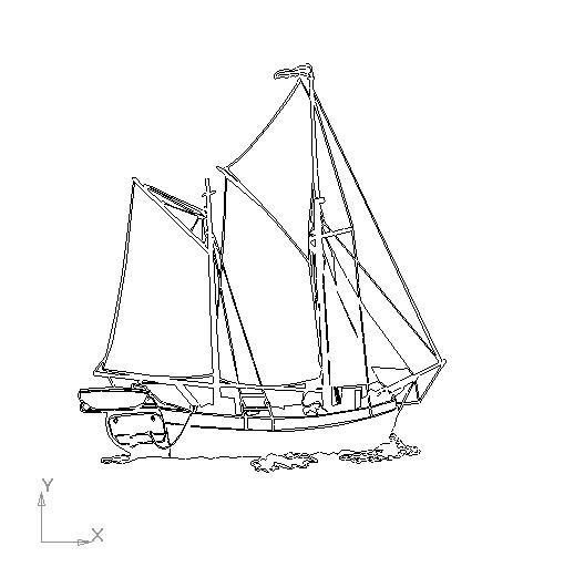 Line drawing of a two-masted sailing ship with hull sails and rigging