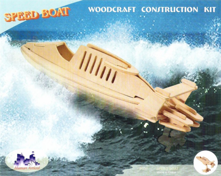 Slotted wooden speed boat model shown against a printed wave background