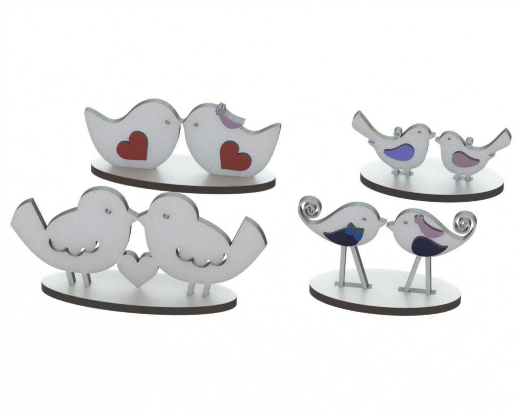 Four pairs of lovebirds appear on oval bases in the source reference.