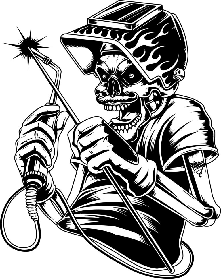 A skull-faced welder holds a torch and filler rod beneath a raised flame-decorated helmet.