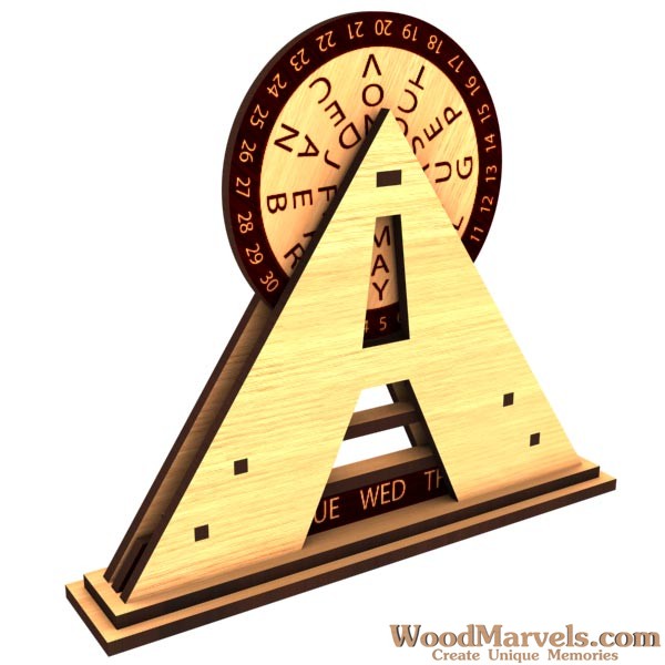 A triangular calendar stand frames month and weekday windows beneath a round numbered wheel.