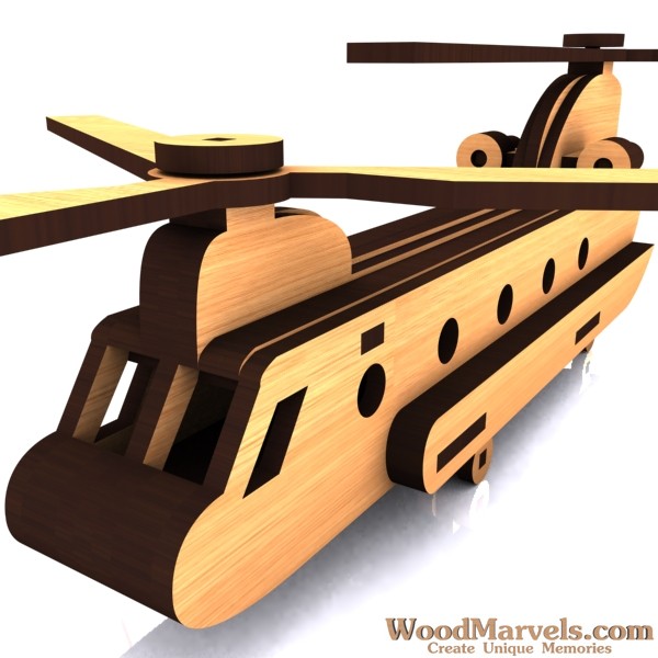 Wooden twin rotor helicopter model shown in perspective