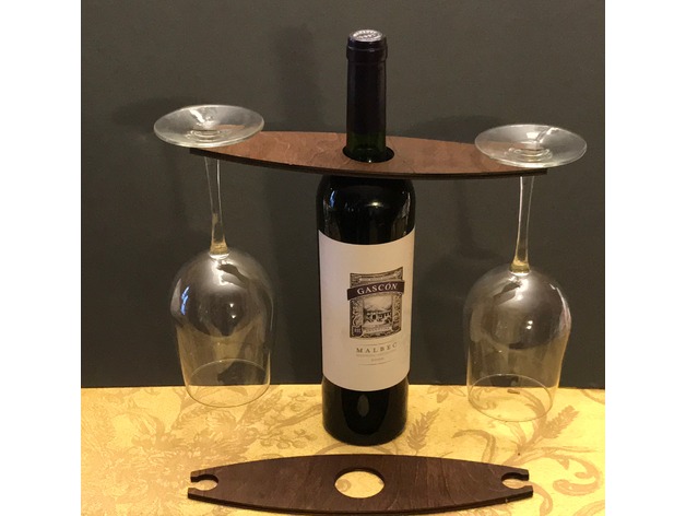 Wooden wine bottle topper holding two upside-down stemmed glasses