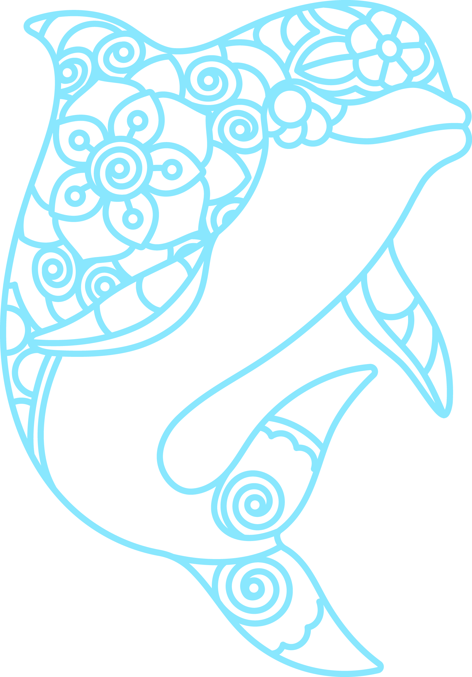 Dolphin silhouette decorated with flowers leaves and spiral accents