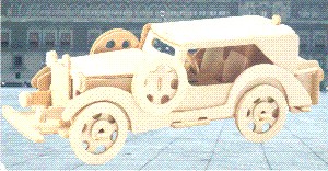Wooden vintage car model with rounded fenders and large wheels