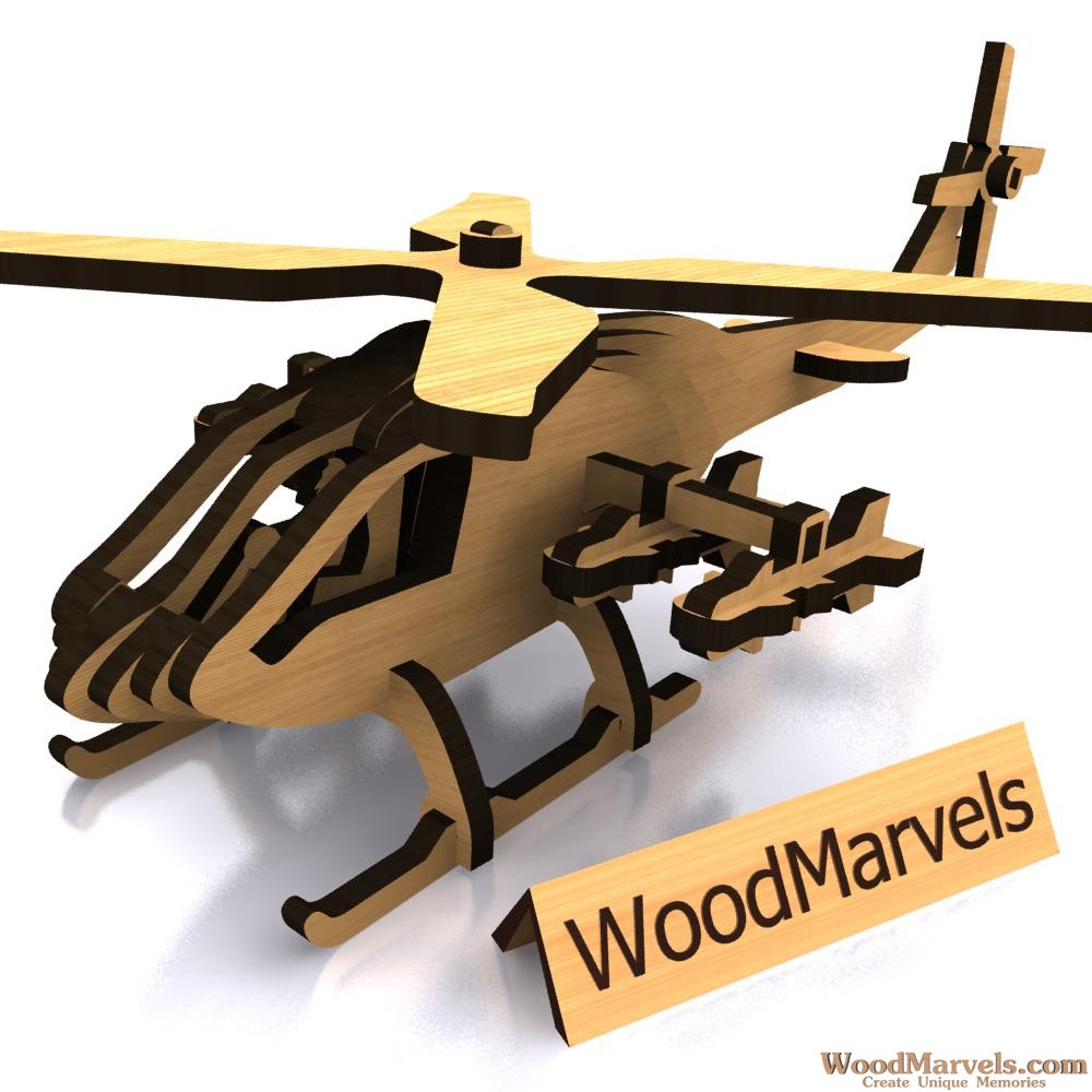 Assembled slotted wooden attack helicopter model