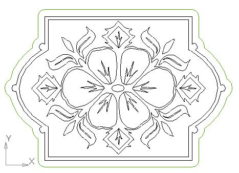 A four-petal flower fills the center of this ornamental panel, with mirrored leaves, pointed accents and a rectangular frame that expands into curved side lobes.