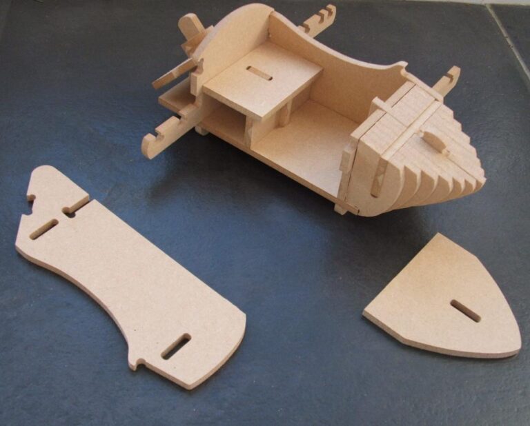 Slotted wooden motorcycle sidecar model and loose parts