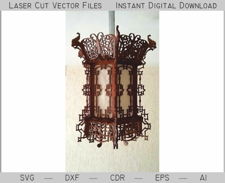 Tall decorative lantern with ornate cutout panels and flared crown trim