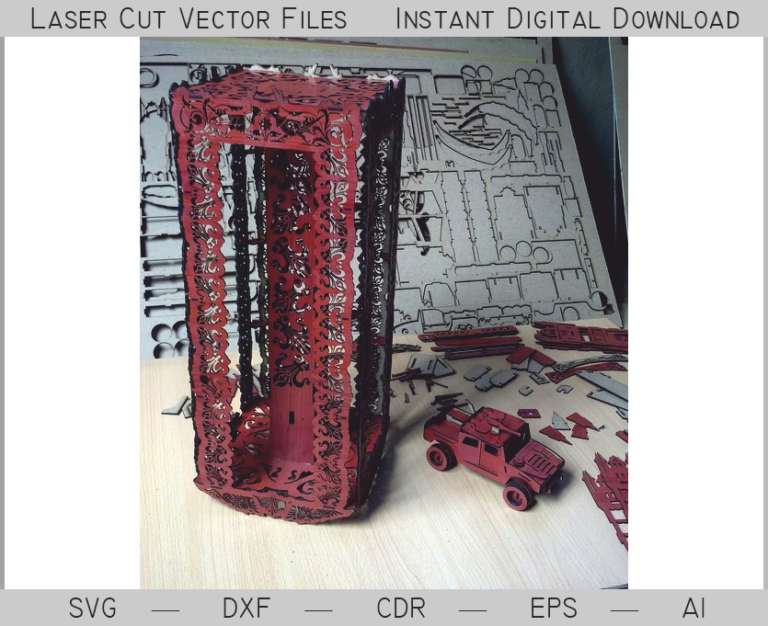 Tall ornate rectangular lantern with red scrollwork and source vector sheets behind it