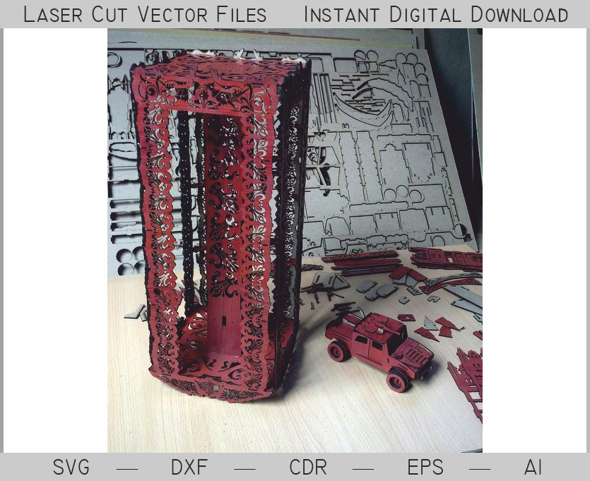 Tall ornate rectangular lantern with red scrollwork and source vector sheets behind it