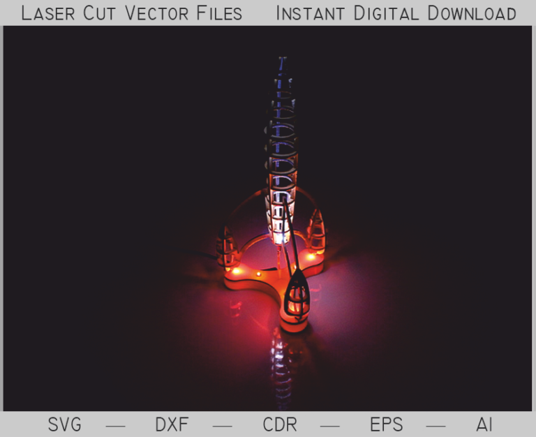 Tall rocket-shaped nightlight with a narrow open body, side fins and a glowing base
