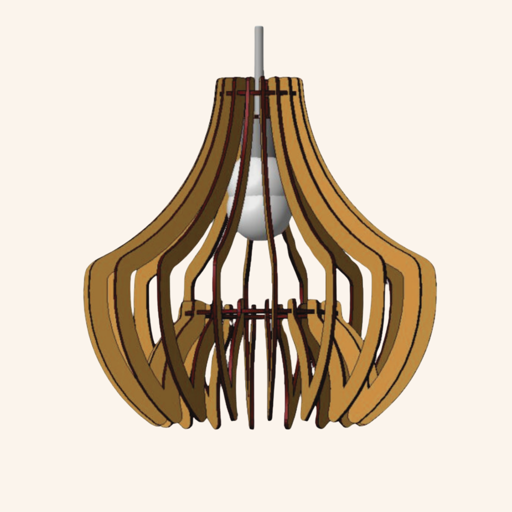 Reference render of a sculptural pendant lamp formed from curved wood lattice ribs