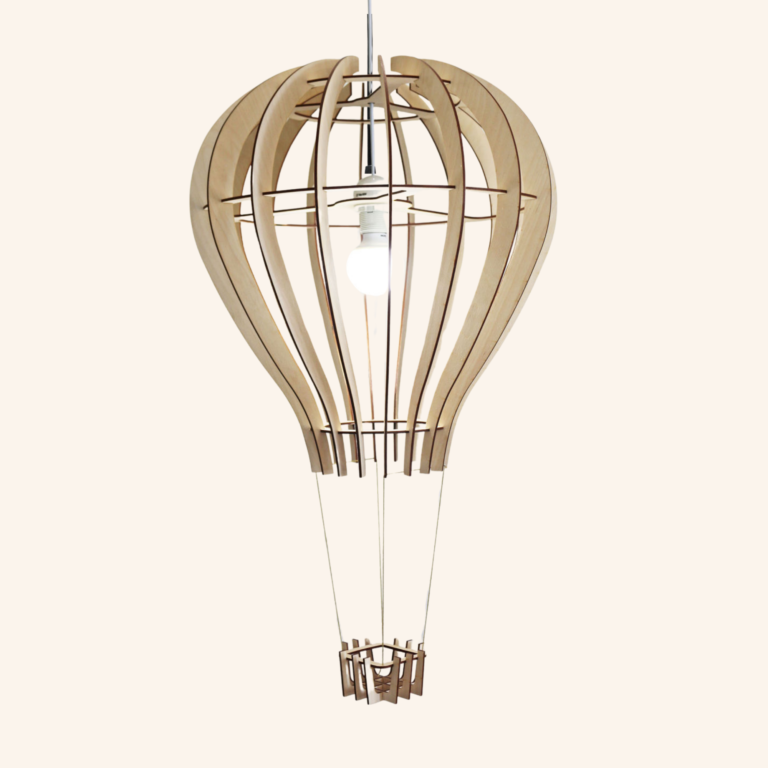 Ribbed wooden balloon lampshade with a small hanging basket