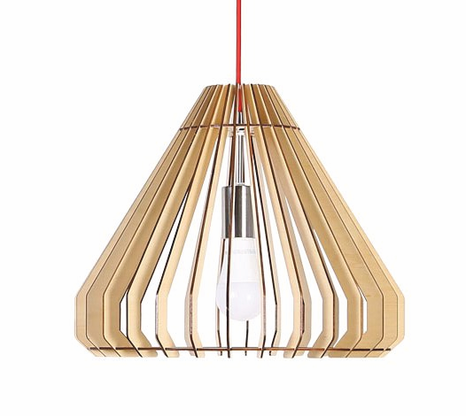 A tapered pendant shade formed by repeated narrow ribs around a hanging light source