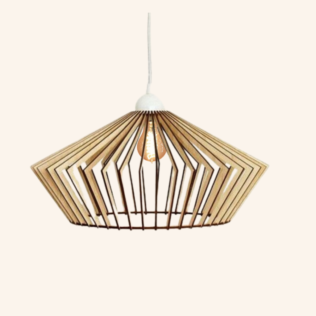 A wide pendant lampshade made from angular wooden ribs around a central light