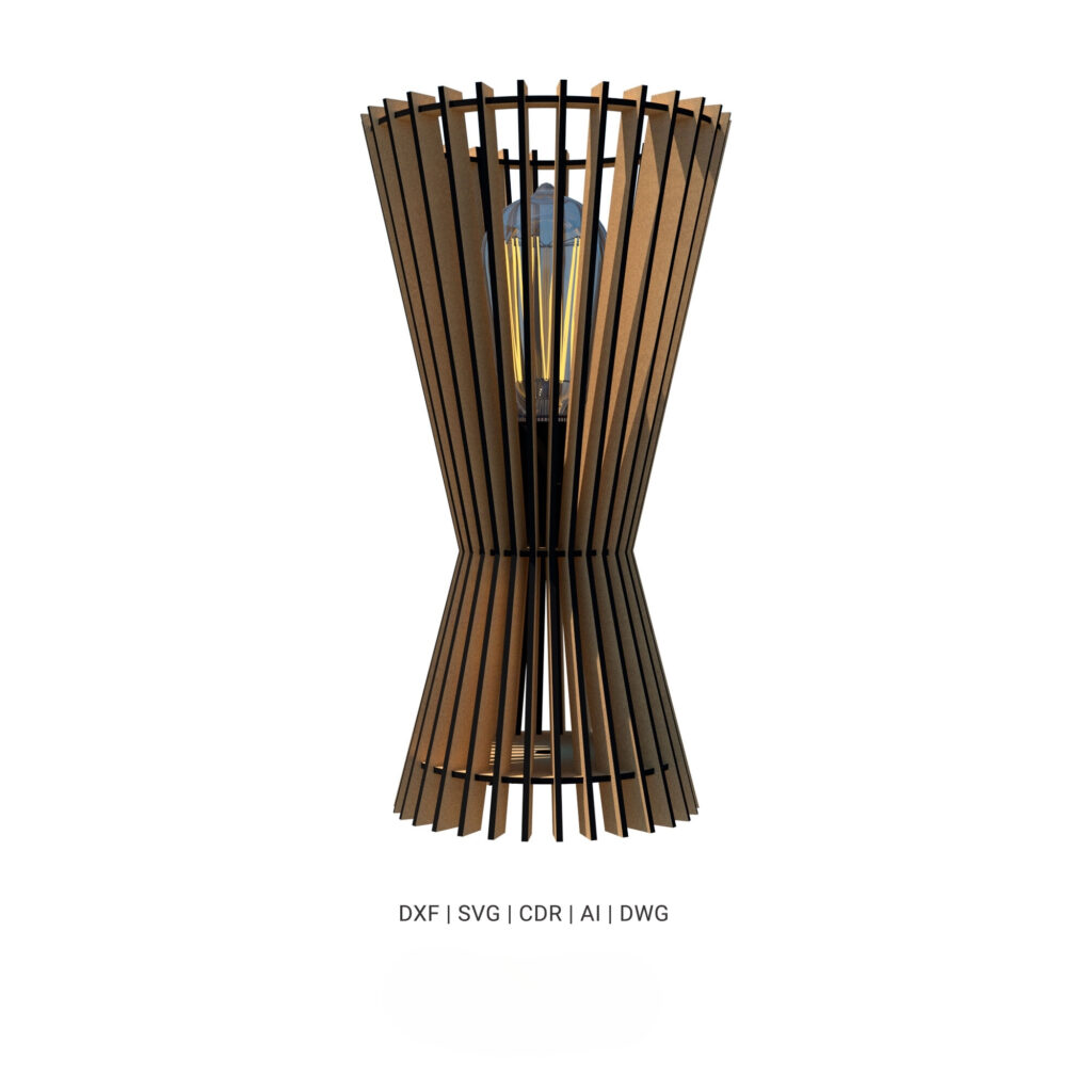 Tall slatted lamp shade narrowing at the middle