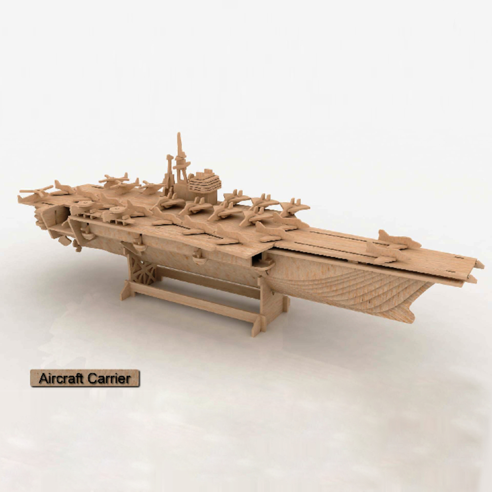 Wooden aircraft carrier model with flight deck, aircraft and island