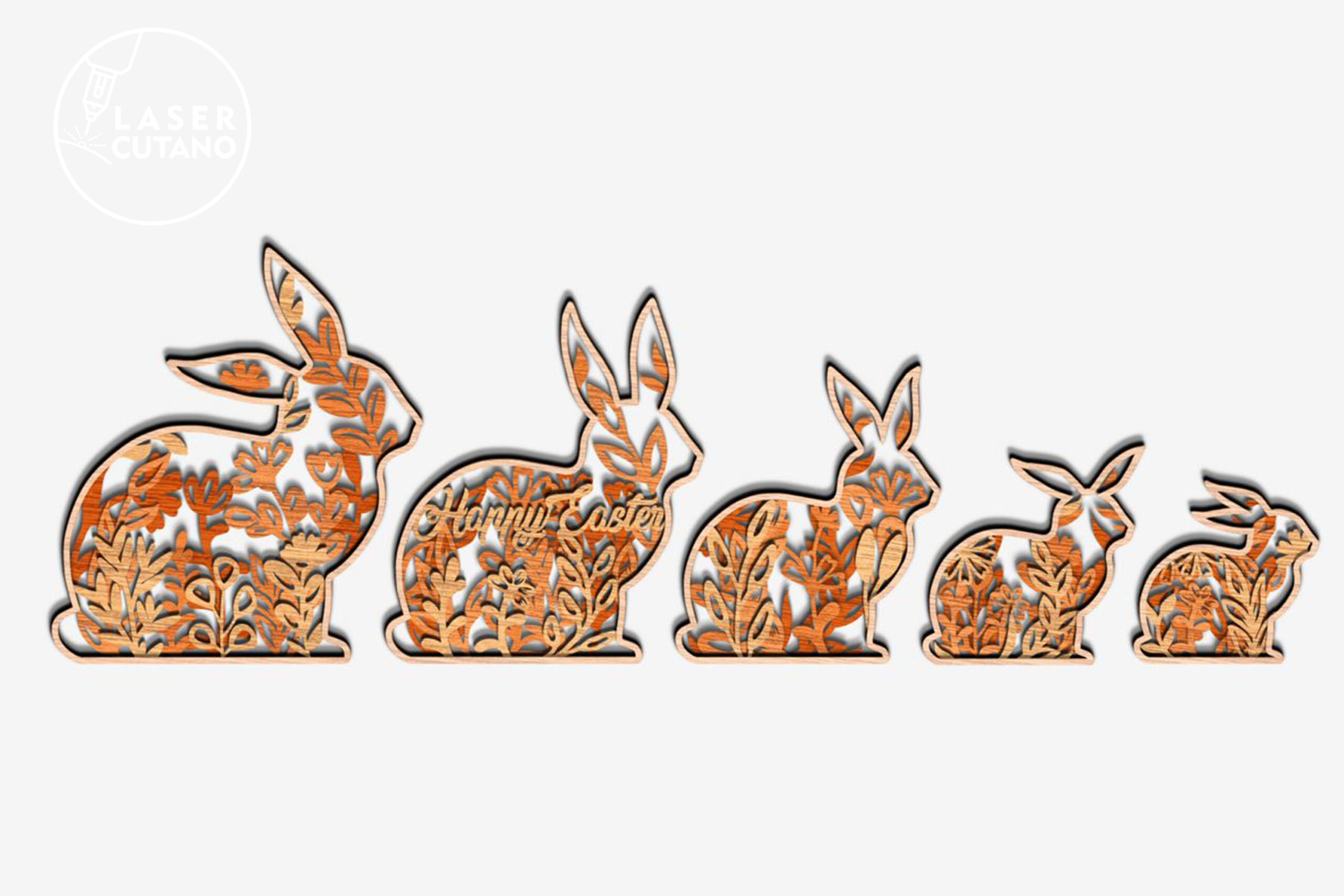 Five rabbit silhouettes filled with flowers, leaves and ornamental cutouts