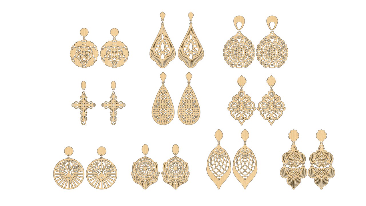 Collection of paired ornamental earrings with floral and teardrop shapes