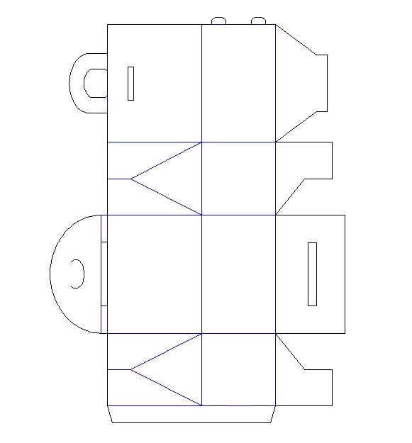 Flat box net with handle openings, rectangular walls and triangular folding sections