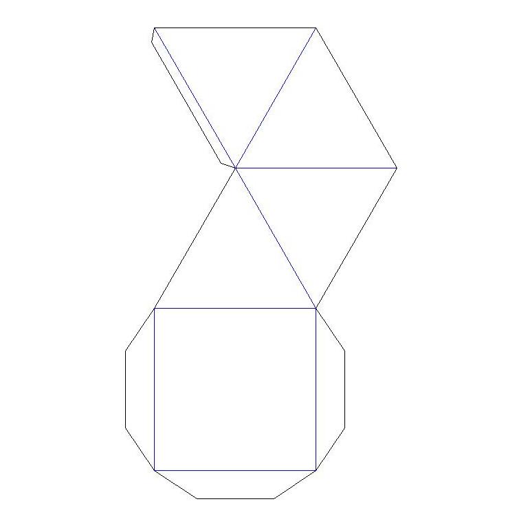 Flat pyramid box net made from triangles and a square panel