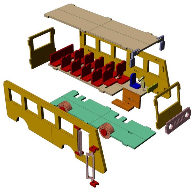Exploded bus rendering with side walls, roof, floor, wheels and rows of red seats
