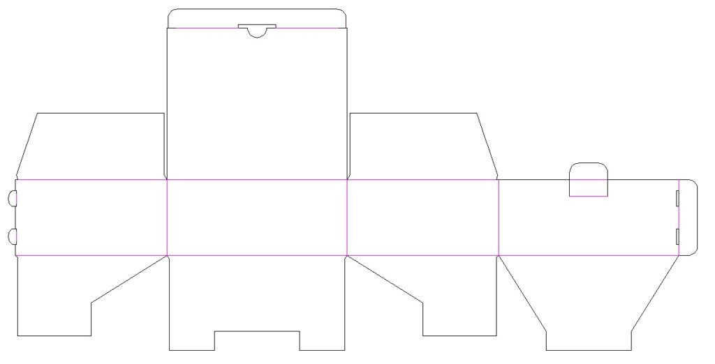 A flat rectangular box net with fold lines, closure tabs and a semicircular finger notch