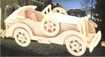 Wood-colored vintage open-top car model with spare side wheel and rounded fenders