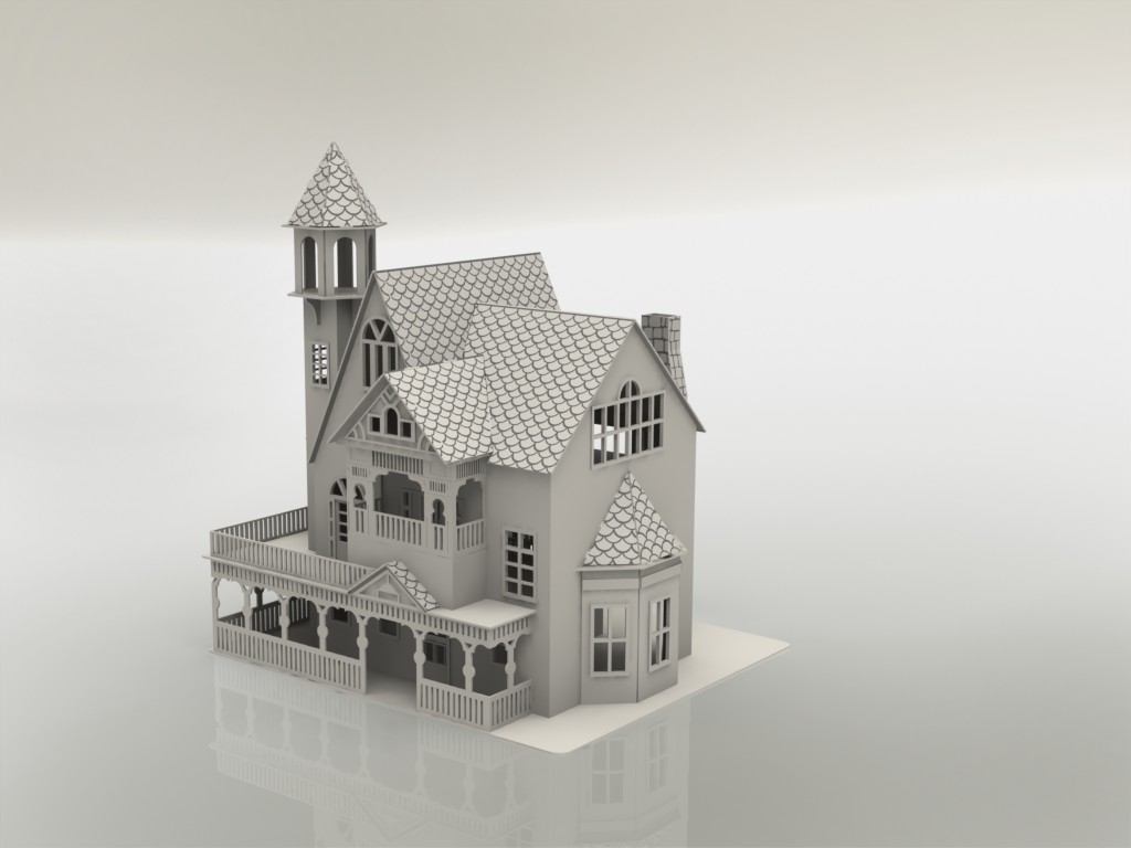 A pale dollhouse model with steep roofs, a tall tower, bay windows and a veranda