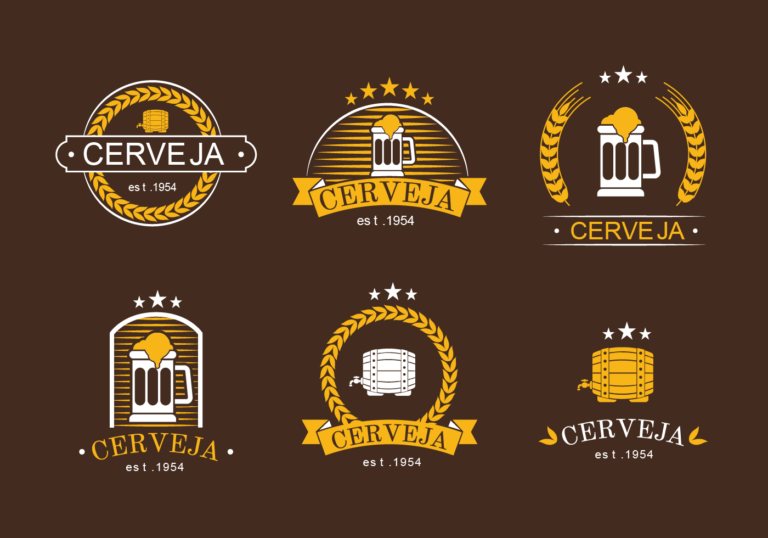 Six gold-colored beer badge examples with mugs, grain wreaths, banners and Cerveja lettering