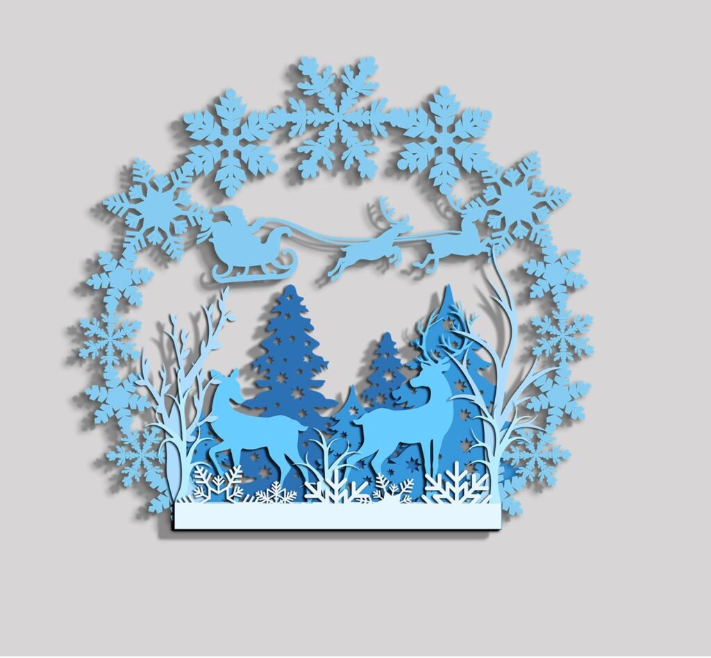 Blue winter scene stand with deer, trees and a snowflake-covered upper arch