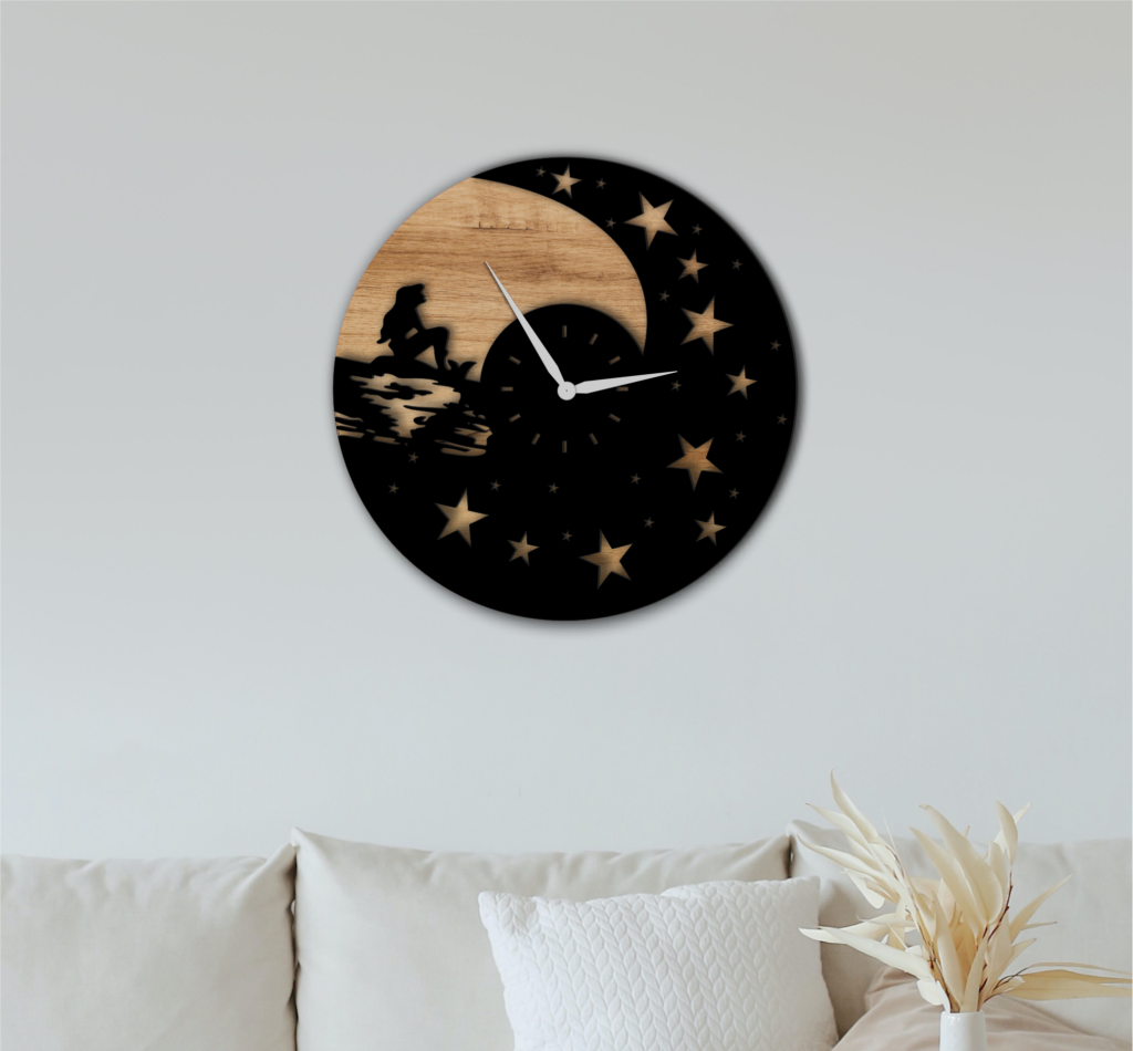 Round wall clock with crescent moon, stars and a flying witch silhouette