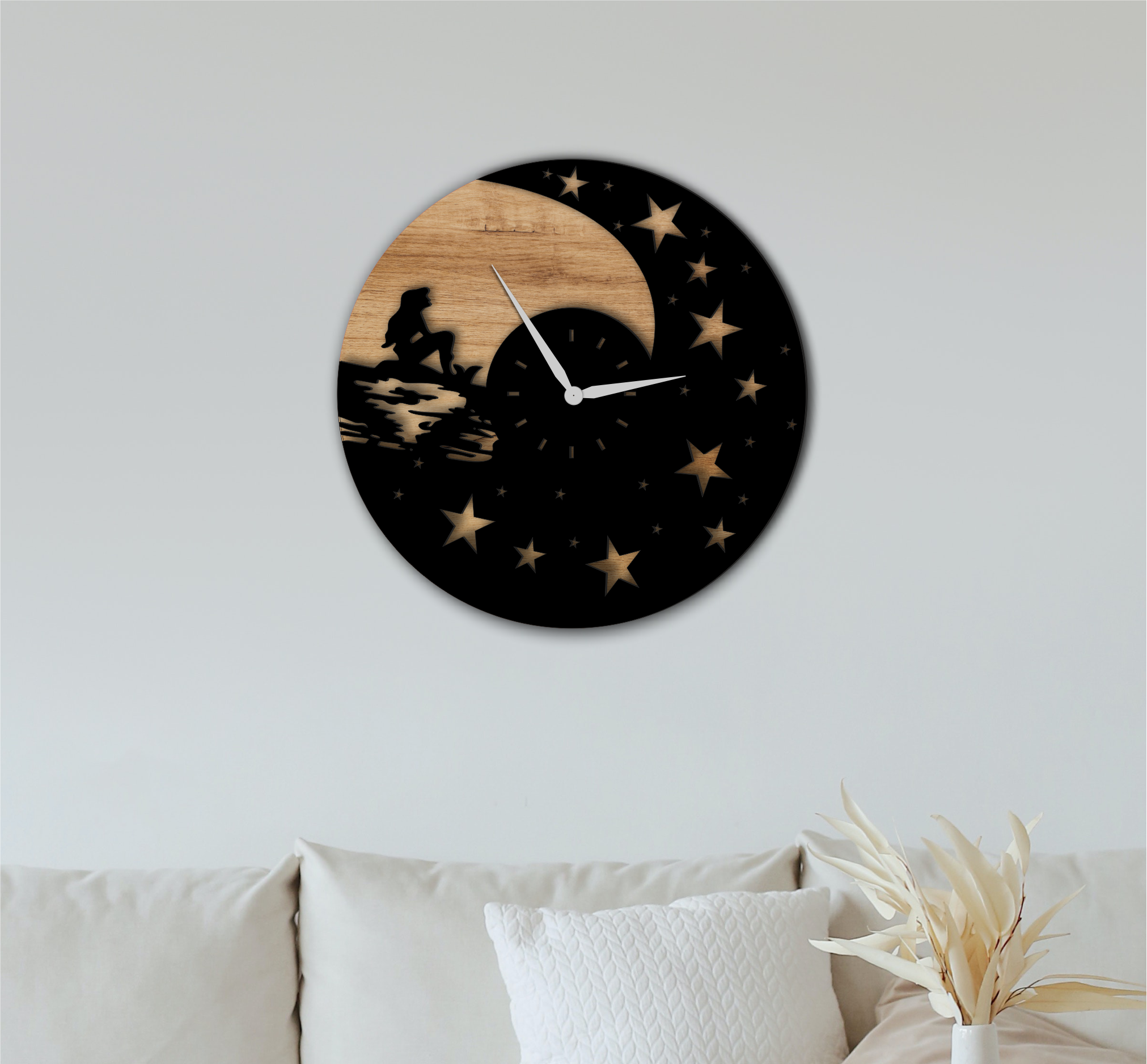 Round wall clock with crescent moon, stars and a flying witch silhouette