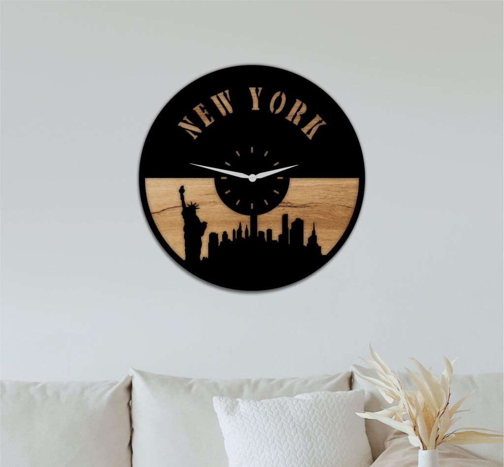 Round black and wood-colored clock with New York lettering and a skyline silhouette