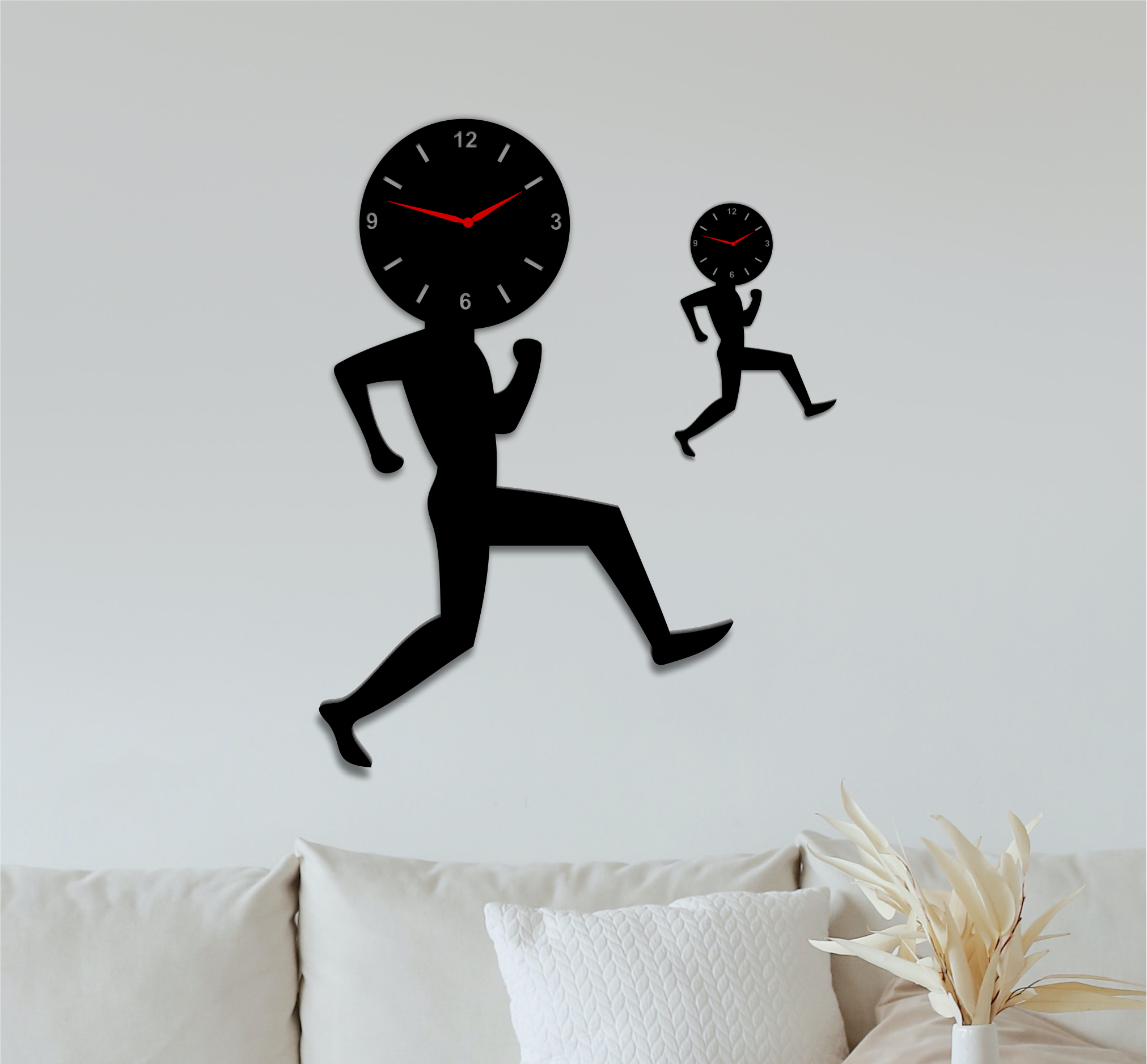 Black running figure with a round clock face for its head and a smaller clock-like object in one hand