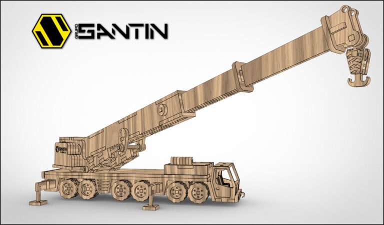 Wooden multi-axle crane truck model with an extended boom and hanging hook