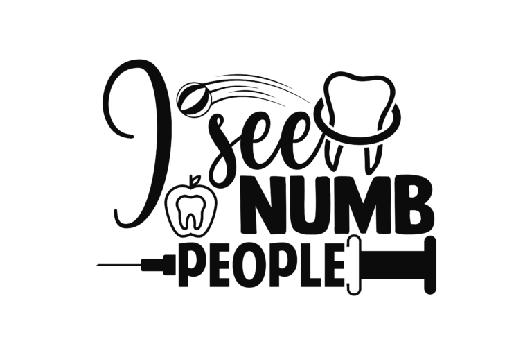 I See Numb People lettering with a tooth, hat and syringe-shaped lower accent