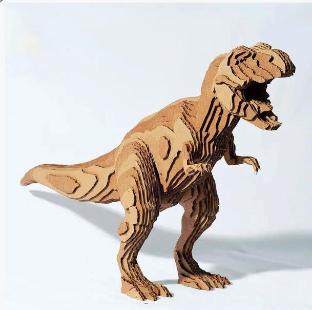 A standing wooden T-Rex puzzle with an open mouth, layered body and long tail