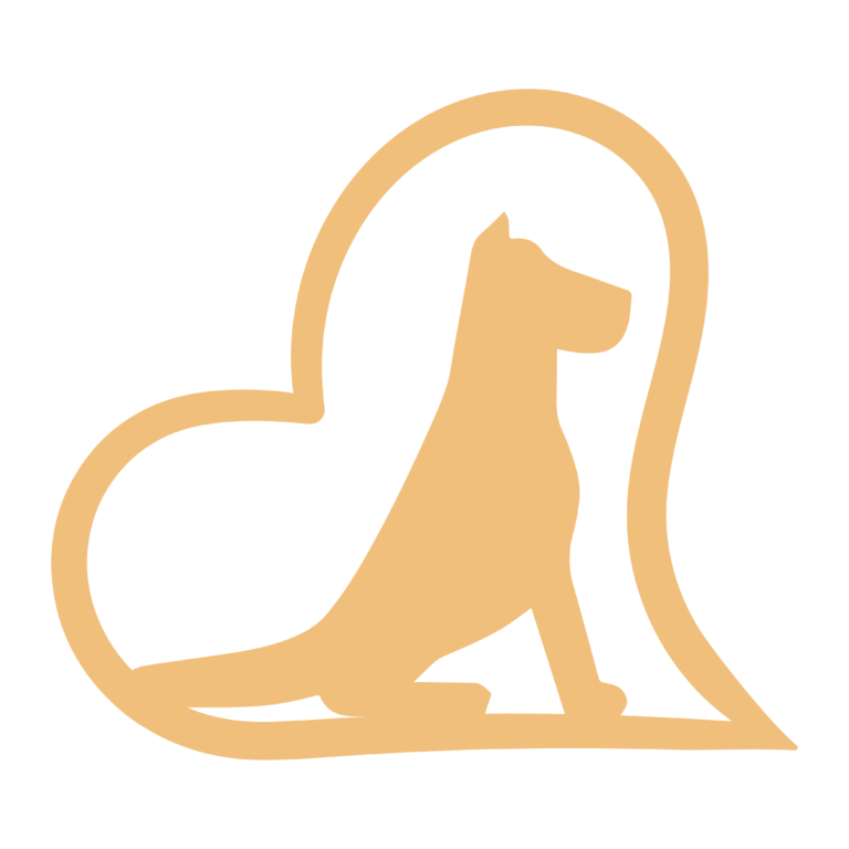 Seated dog silhouette enclosed by a curved heart-shaped outline