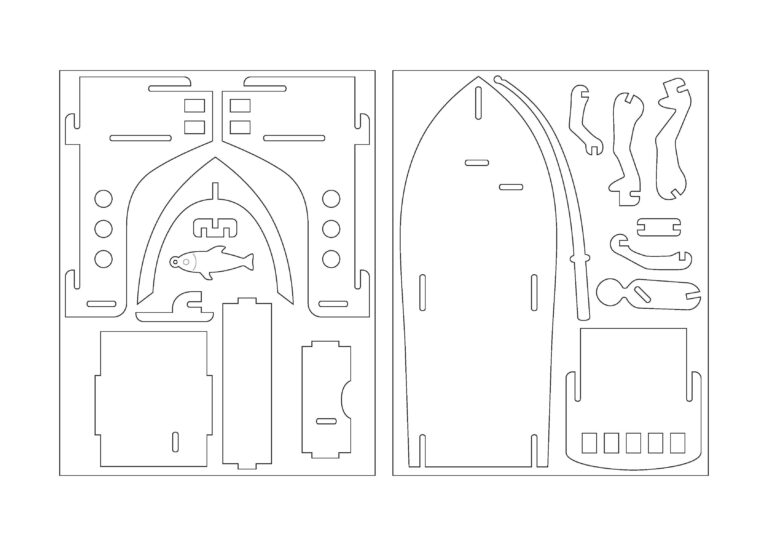 Flat boat model layout with a hull outline, tabbed panels and small component shapes