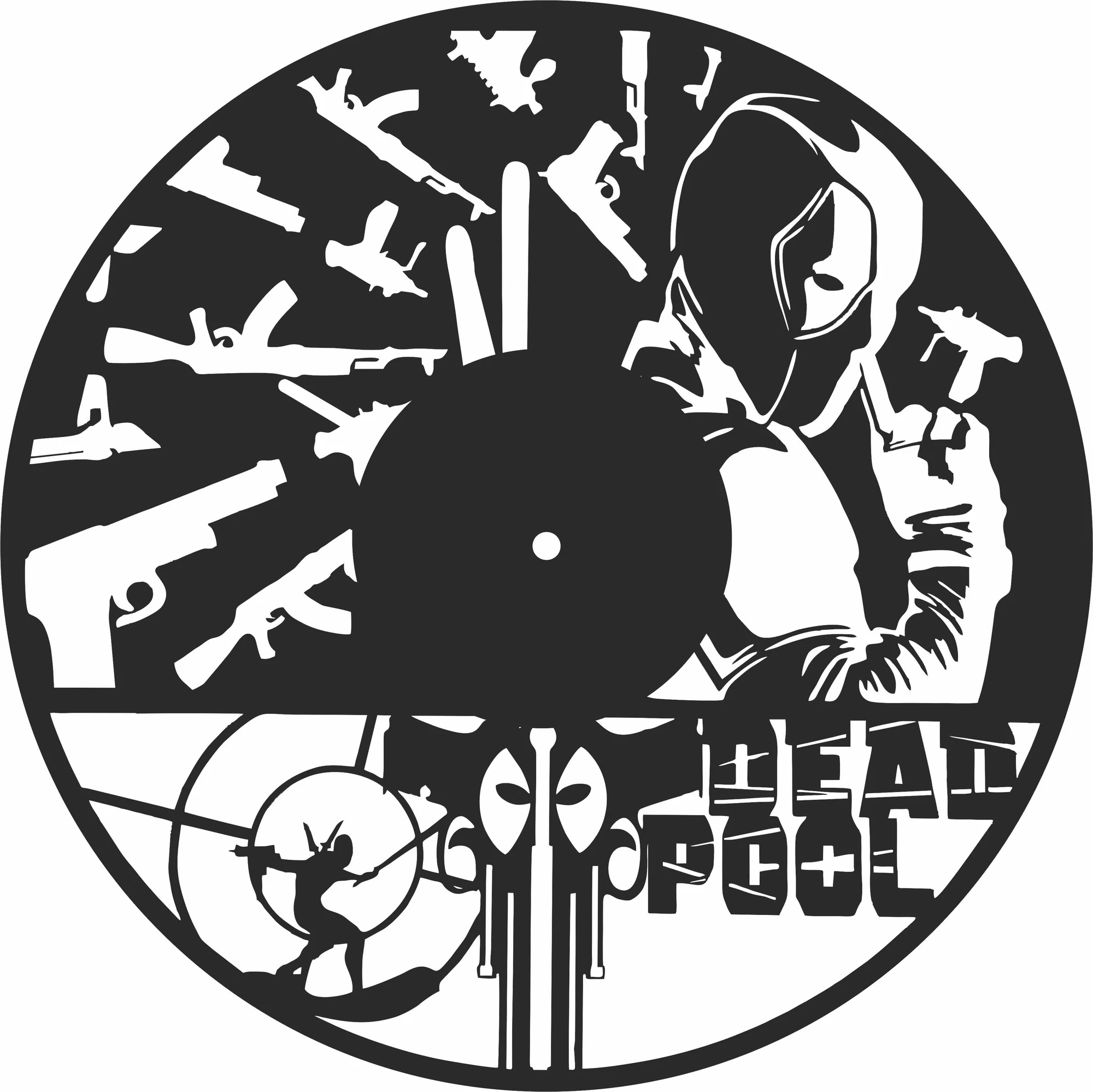 Round black wall clock design with a large stylized skull emblem